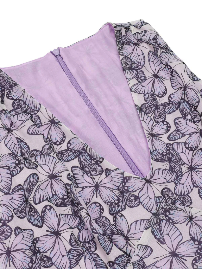 PURPLE 1930S BUTTERFLY V-NECK SLEEVELESS DRESS