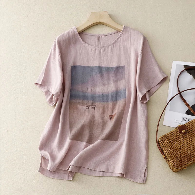 Vintage print cotton and linen T-shirt