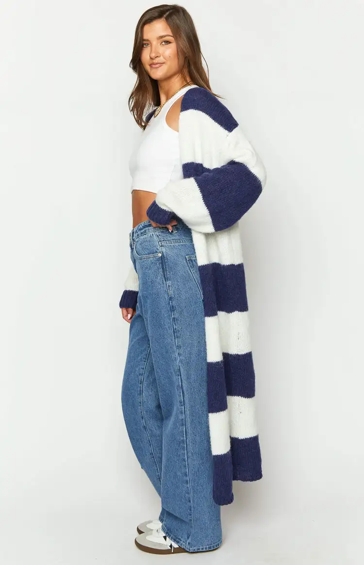 Thaddeus Blue And White Striped Knit Cardigan