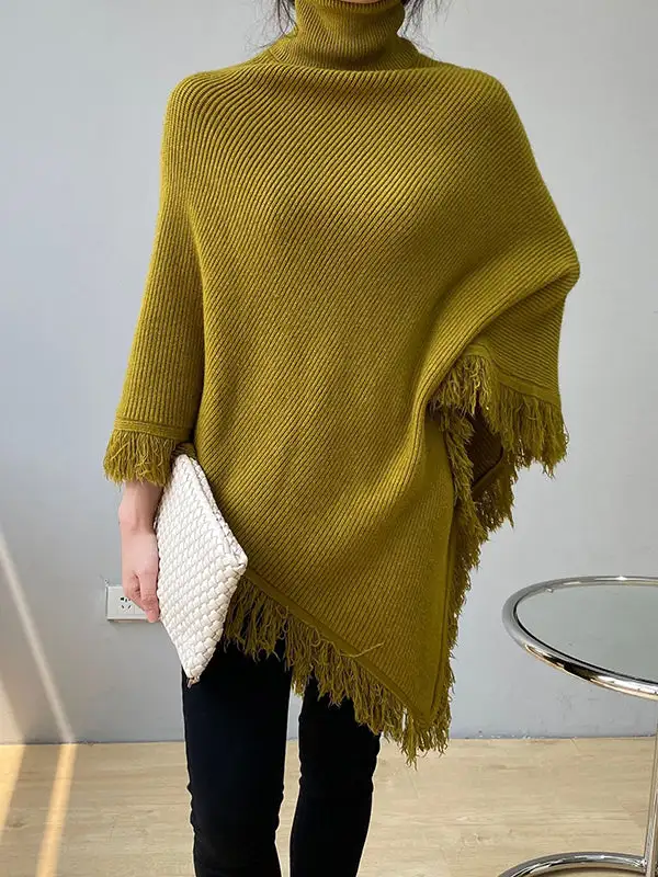 Casual Loose Tasseled Solid Color High-Neck Sweater Tops