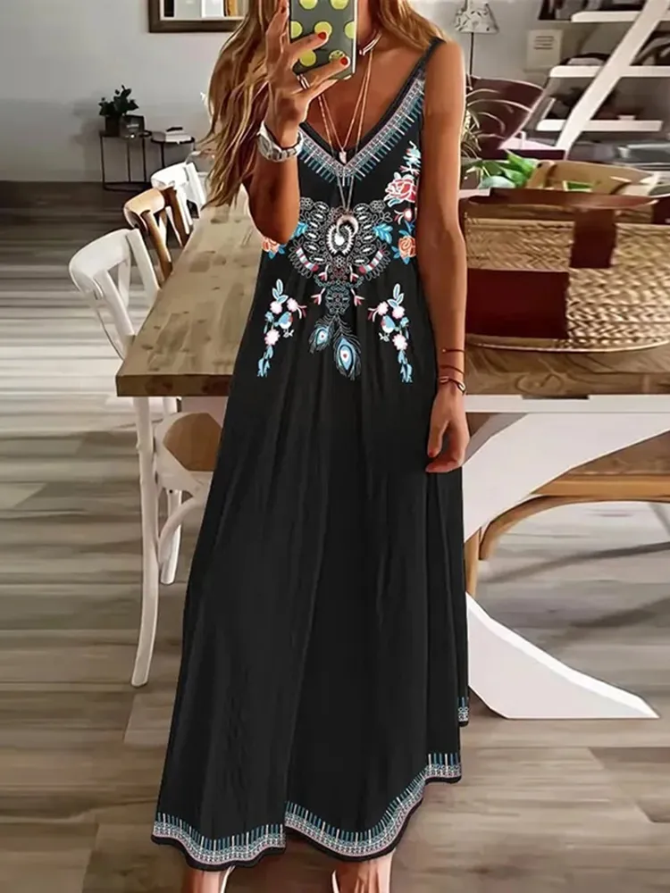 Western Tribal Printed V-Neck Maxi Dress