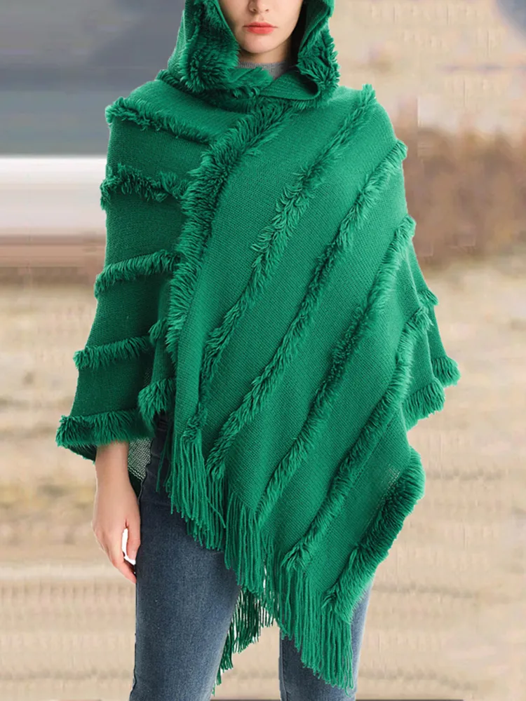 Vintage Solid Fringed Hooded Sweater Pullover Shawl