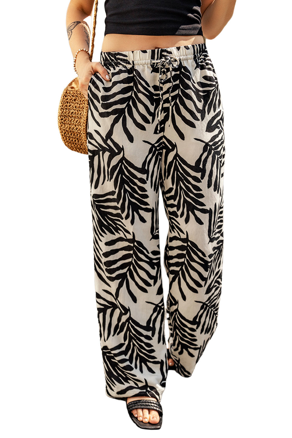 Apricot Tropical Leafy Print Drawstring Wide Leg Pants