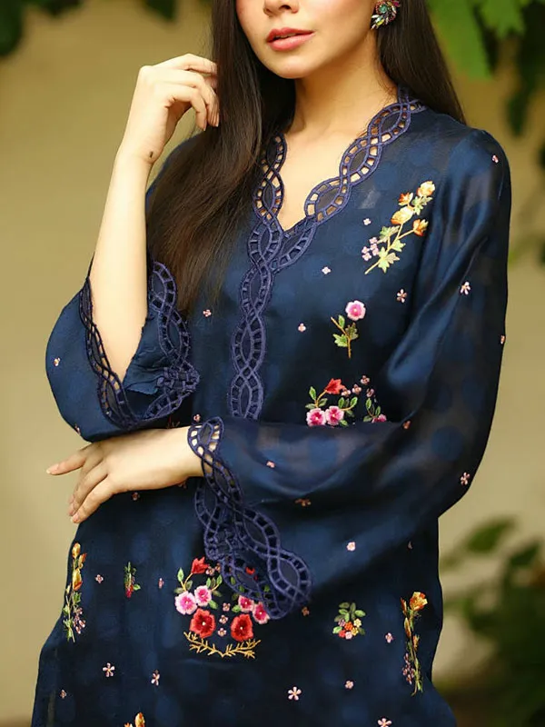 Satin Lace Ethnic Embroidered Ladies Suit