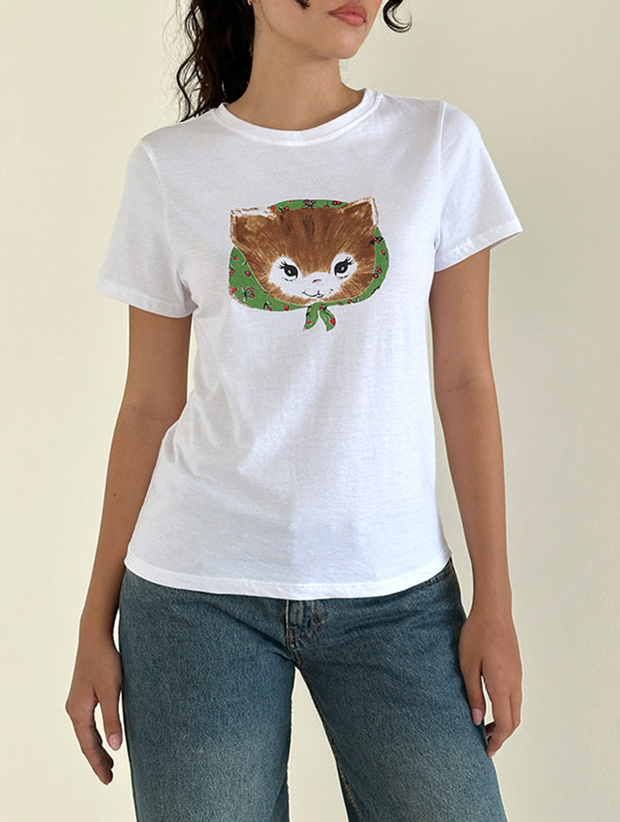 Kitty Print Saki White Tee