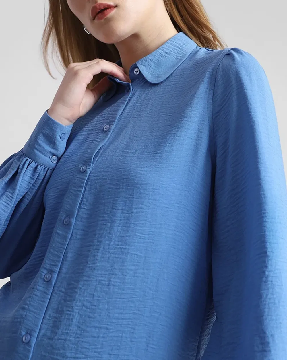 Blue Puff Sleeves Textured Shirt