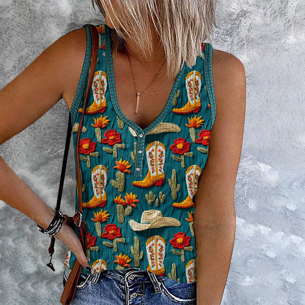 Western Tribal Boots And Floral Art Button Up Tank Top