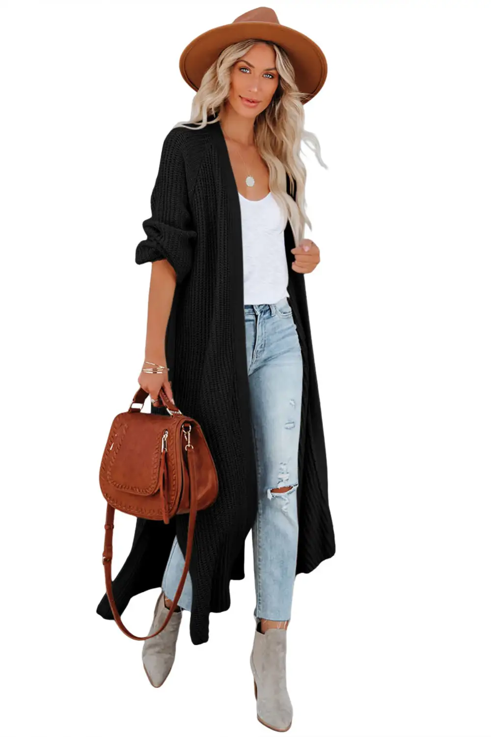 Open Front Side Slit Duster Knit Cardigan