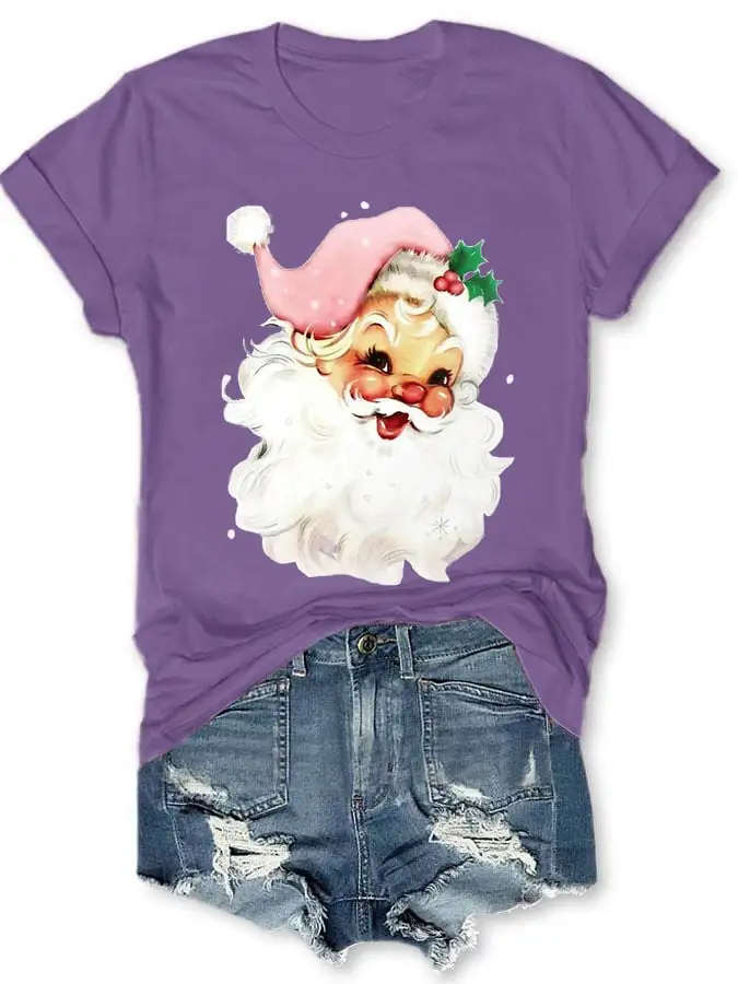 Christmas Retro Pink Santa Print T-Shirt