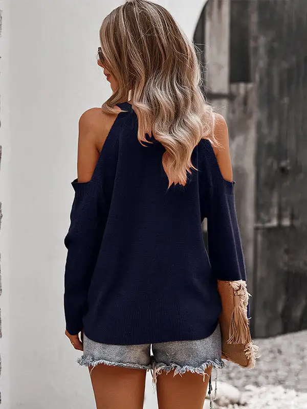 Casual Solid Color Round-Neck Cold Shoulder Long Sleeves Knitted Sweater