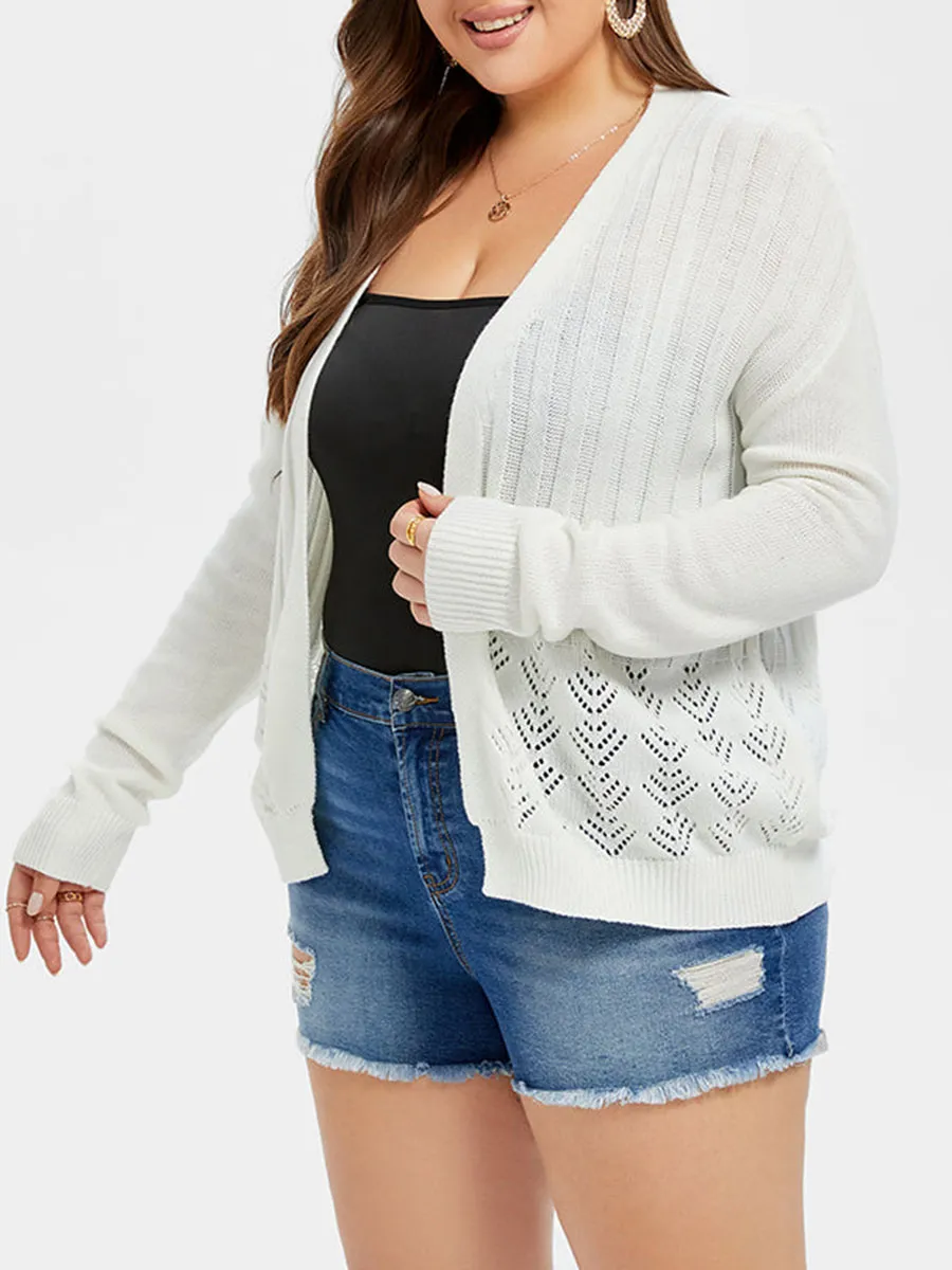 Pointelle Knit Drop Shoulder Open Front Cardigan