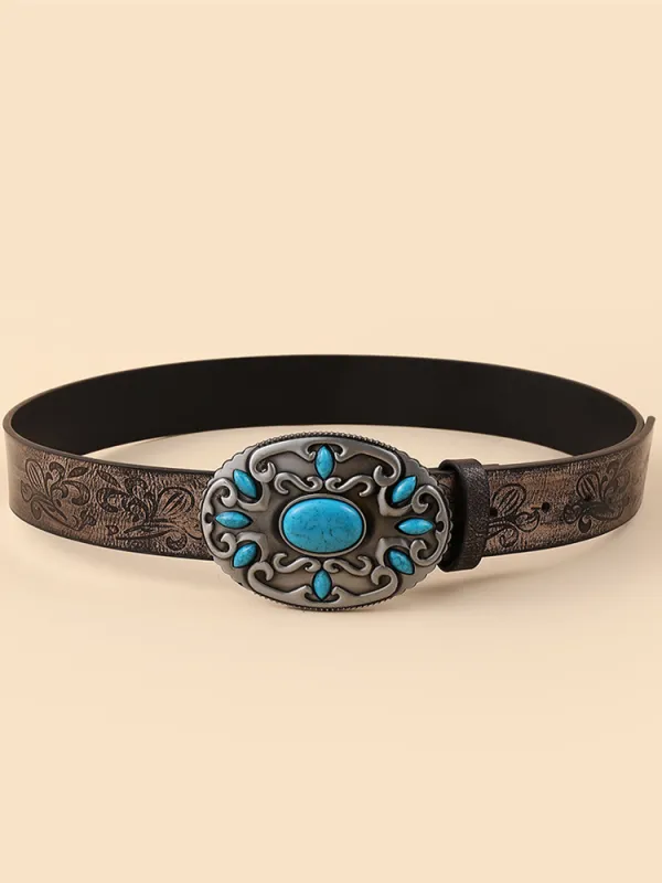 Western Turquoise Studded Vintage Carved Belt