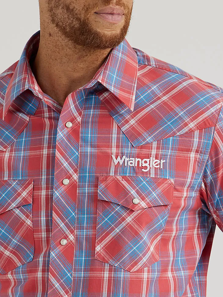 MEN'S WRANGLER® LOGO LONG SLEEVE WESTERN SNAP SHIRT IN LARK PLAID