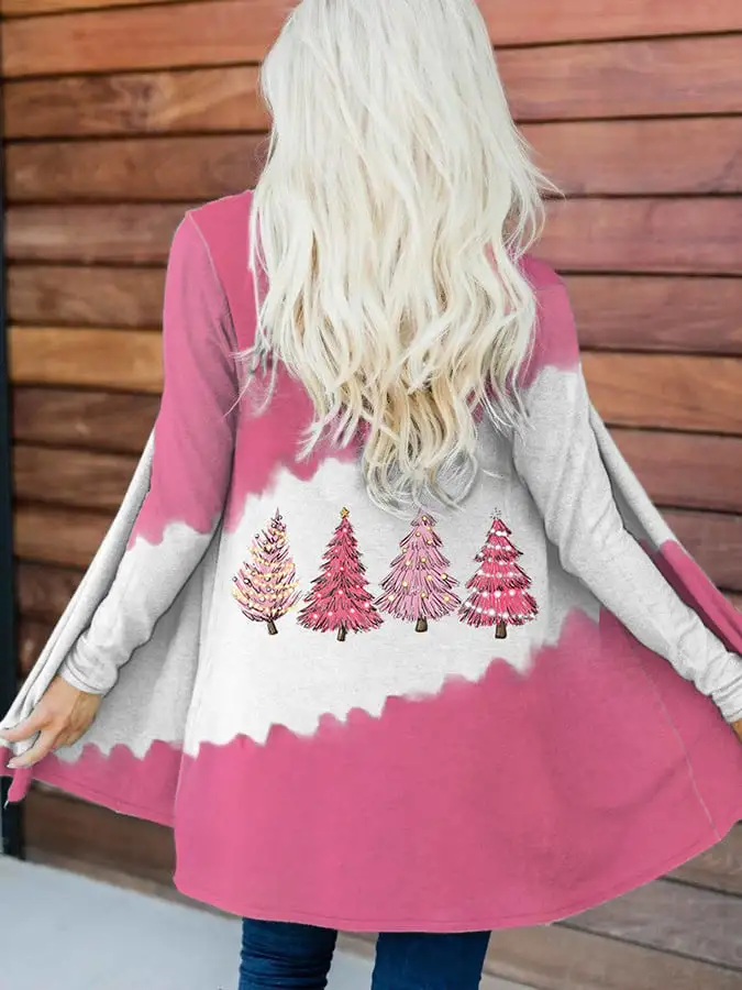 Women's Pink Christmas Tree Print Casual Cardigan