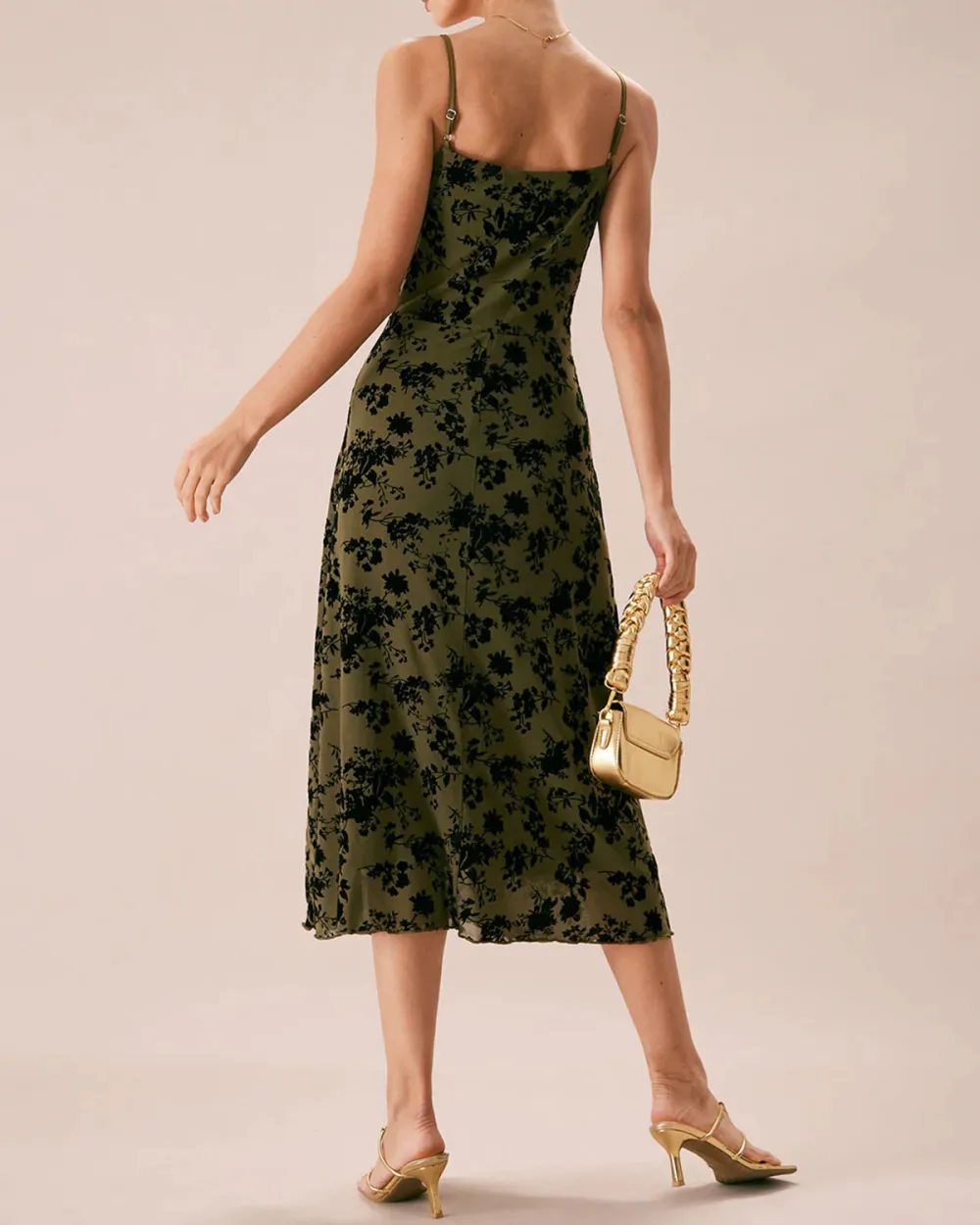 Army Green Vintage Print Sling Dress