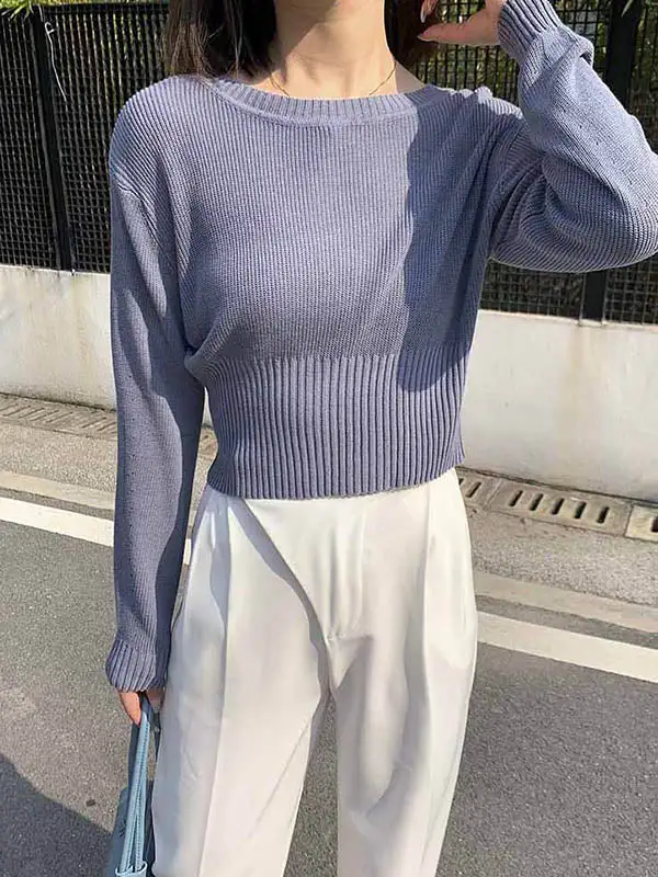 Simple Solid Color Round-Neck Long Sleeves Knitwear