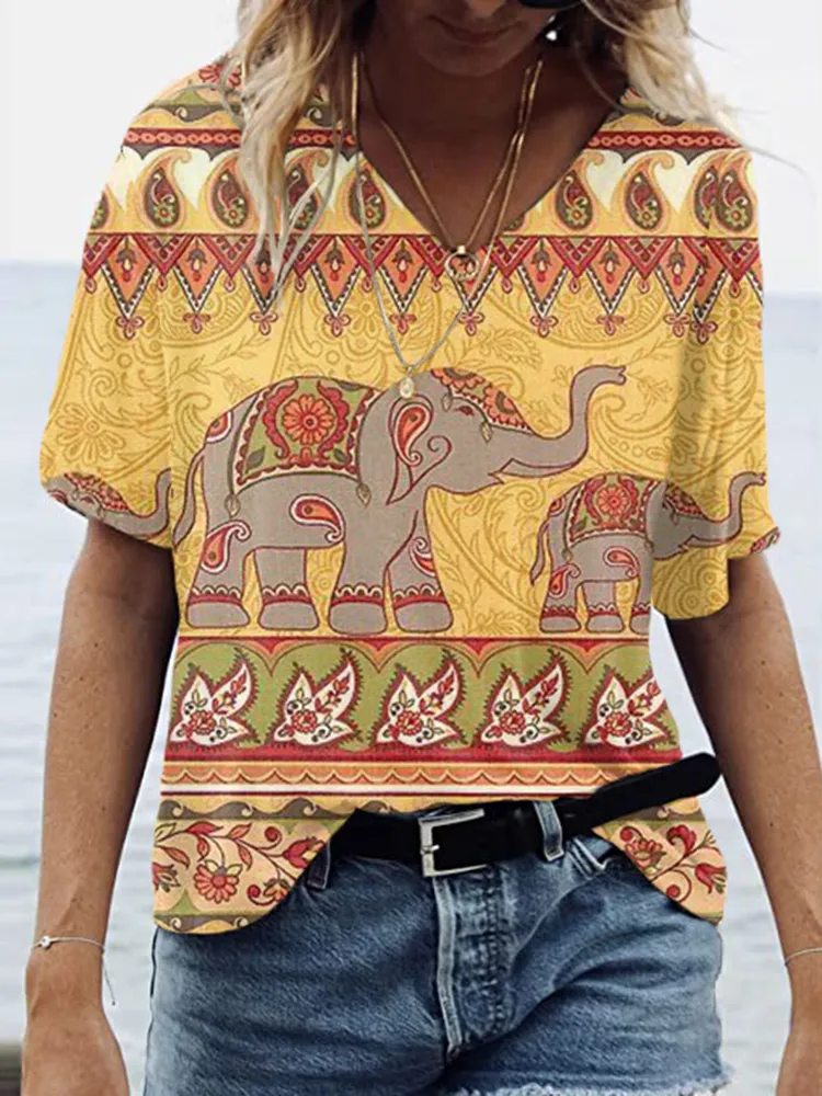 Vintage Geometric Elephant Print Women's V-Neck T-Shirt