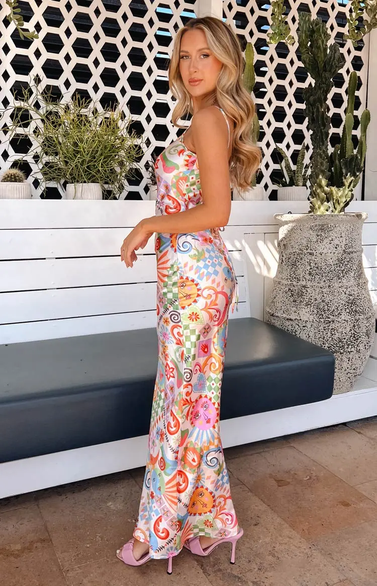 Renesmee Satin Summer Print Maxi Dress