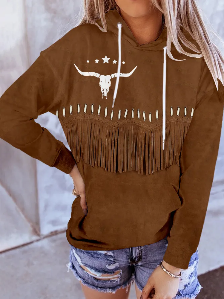 Western Vintage Leather Fringe Art Comfy Hoodie