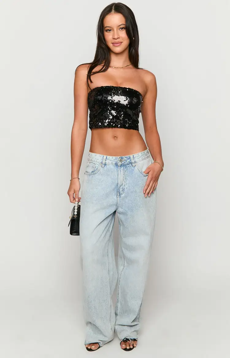 Sass Black Sequin Strapless Crop Top