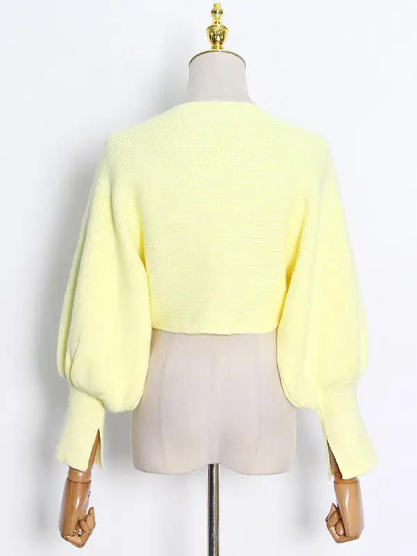 Casual Solid Color Round-Neck Bishop Sleeve Sweater Tops