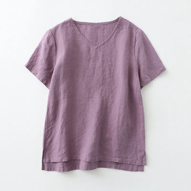 Simple cotton linen V-neck T-shirt