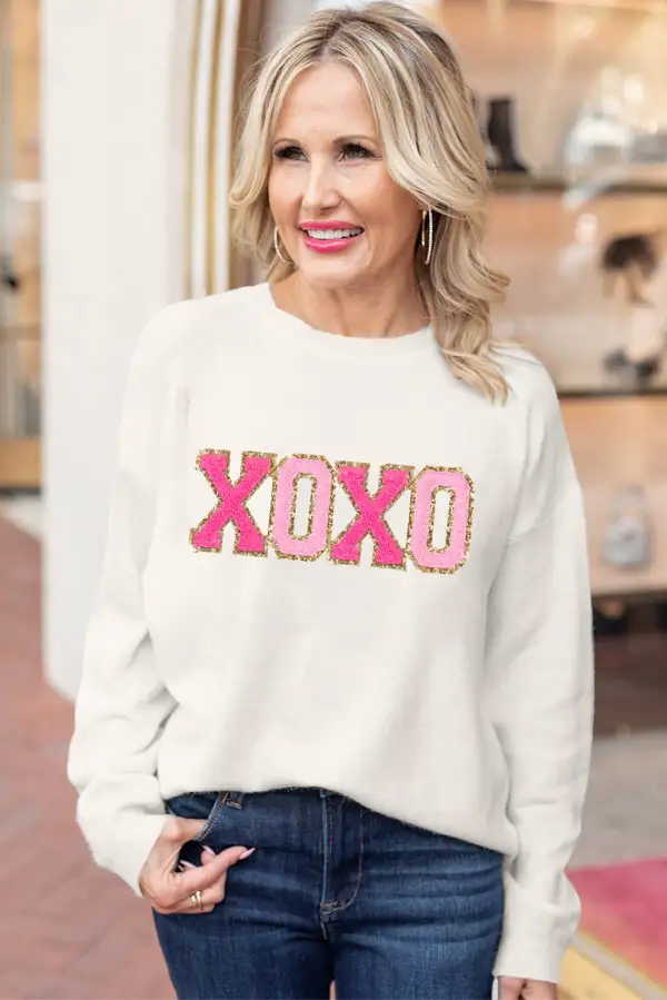 XOXO Glitter Print Round Neck Casual Sweater