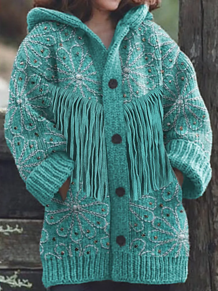 Floral Embroidery Pattern Fringe Knit Hooded Cardigan