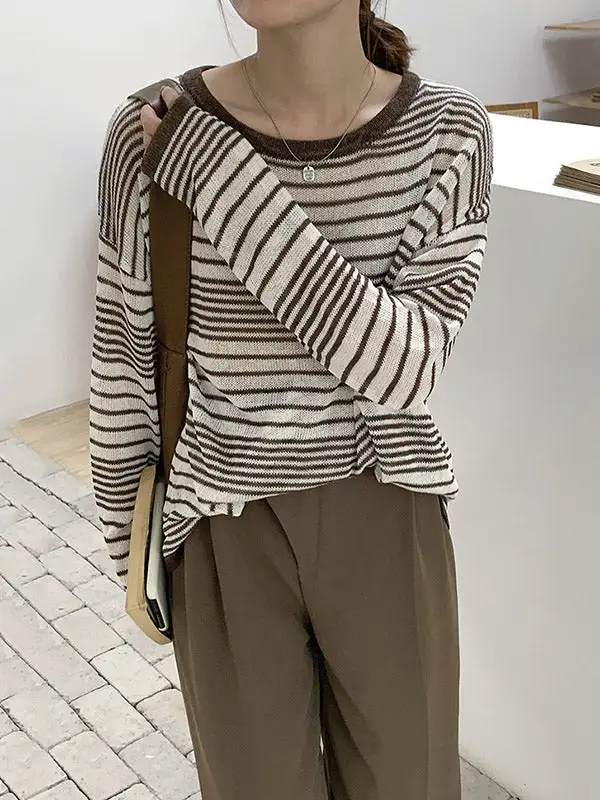 Casual Striped Round-Neck Long Sleeves Knitwear Tops