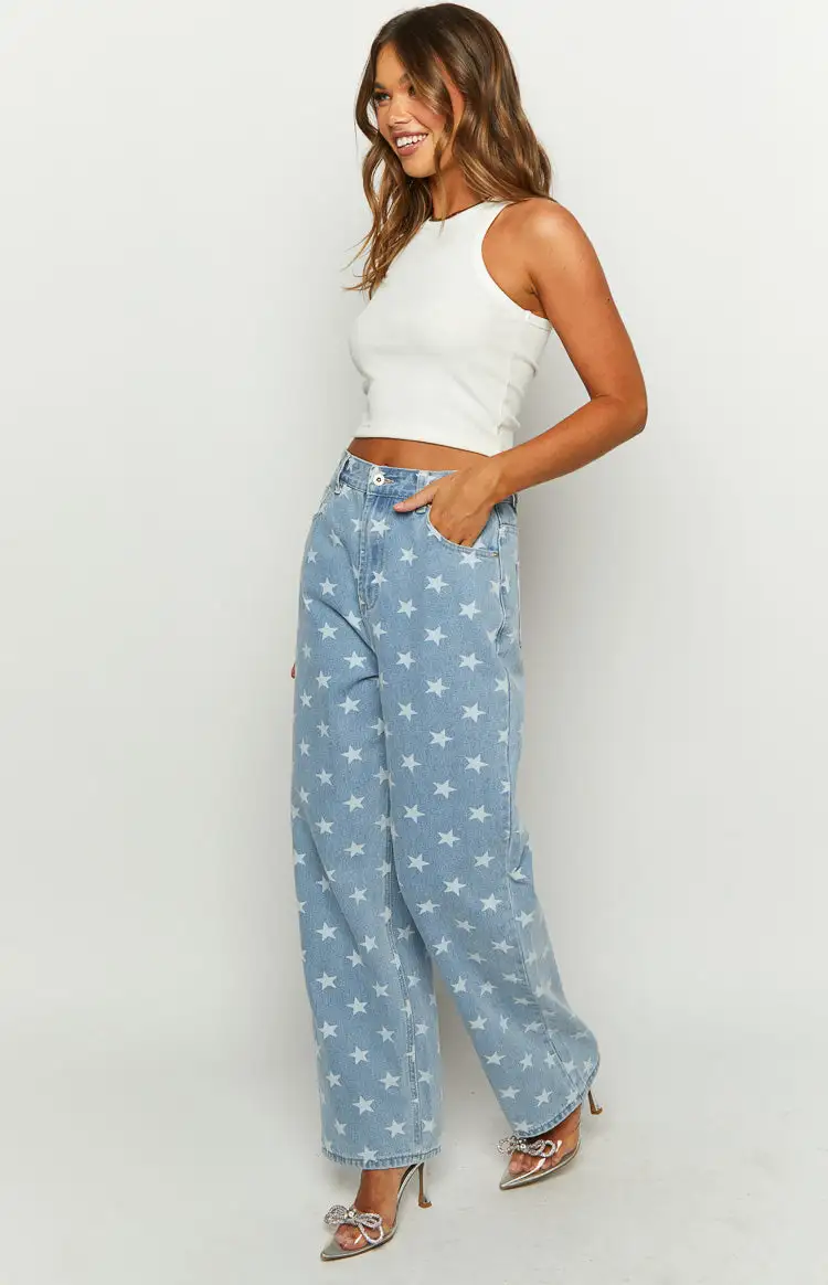 Eli Star Print Mid Wash Wide Leg Denim Jeans