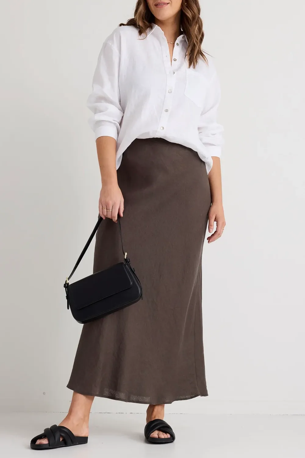 Bliss Dark Olive Linen Bias Midi Skirt