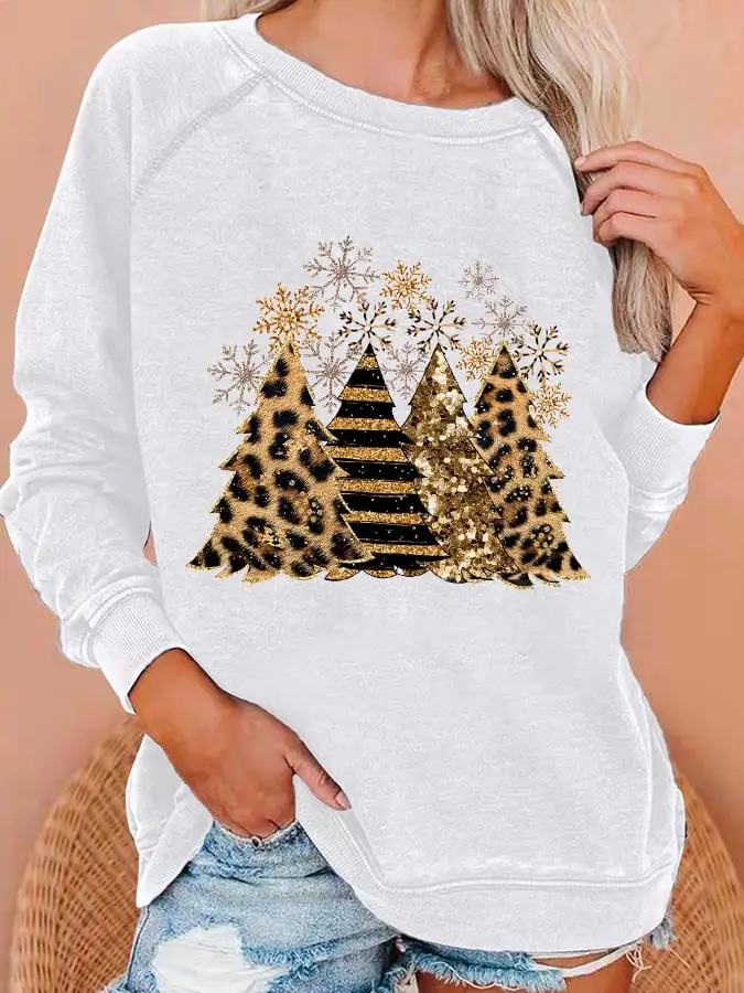 Women's Leopard Christmas Tree Print Casual Sweatshirt