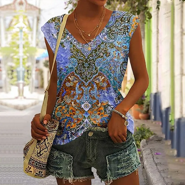 Vintage Western Print V-Neck Tank Top