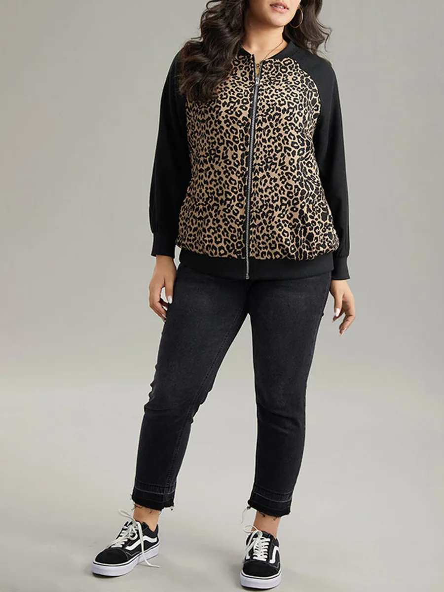 Plus-size women's elegant leopard-print patchwork coat