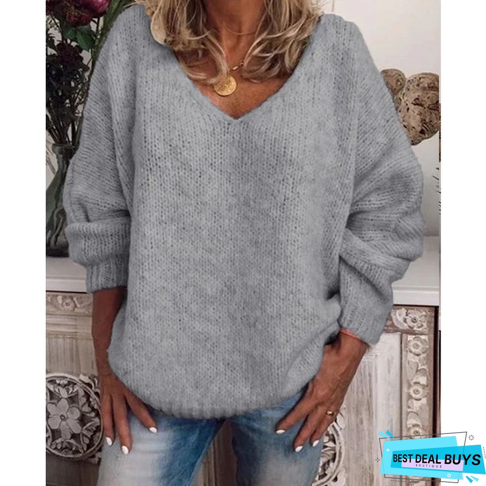 Plain V Neck Knitted Casual Sweater