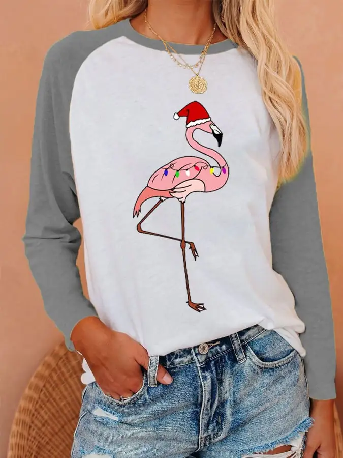 Women's   Flamingo Print Casual Long-Sleeve T-Shirt