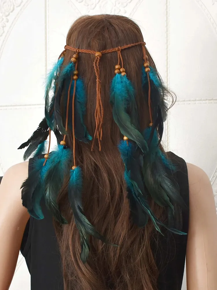 Ethnic Braided Rope Wooden Bead Feather Headband