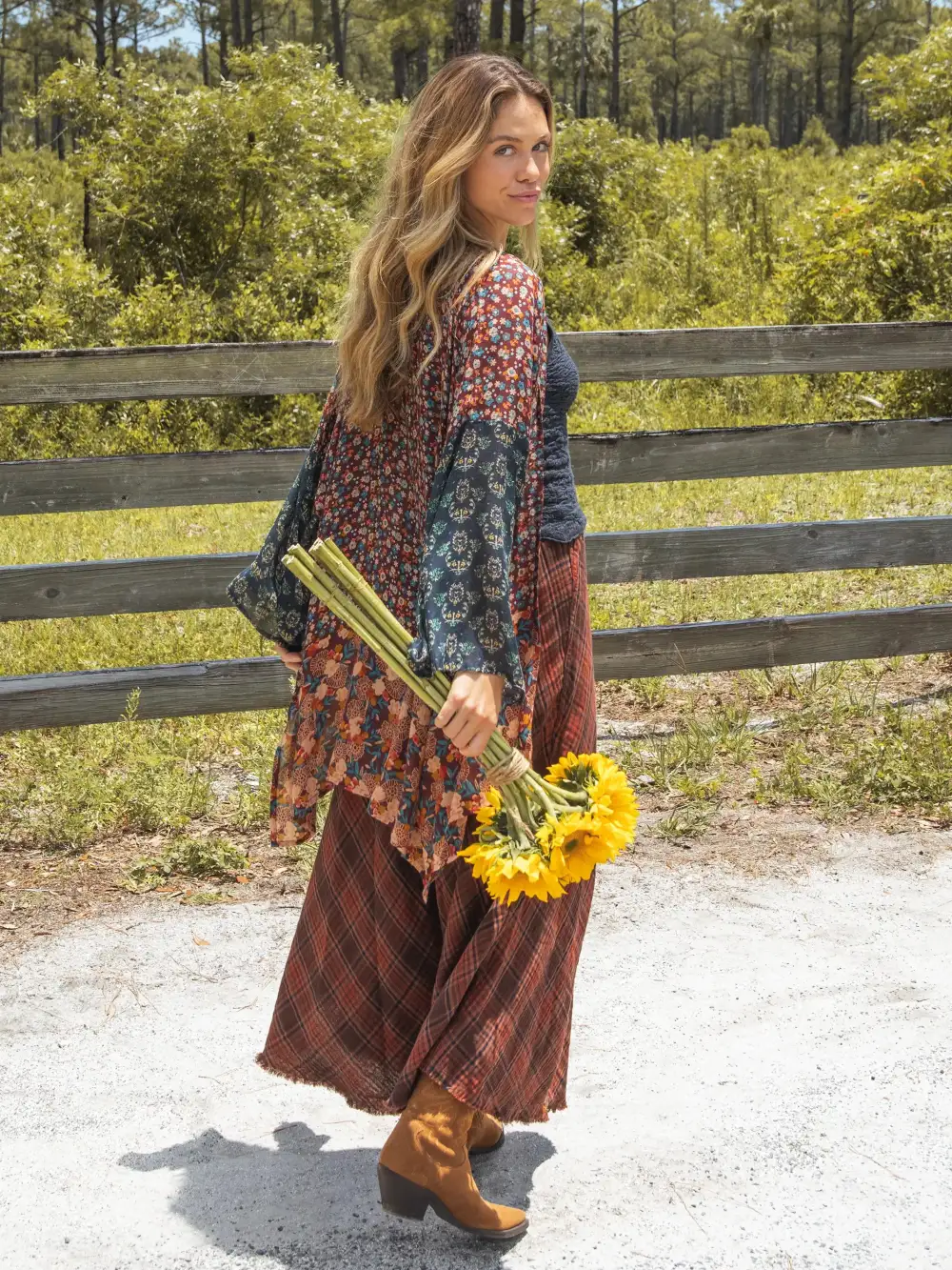 Sierra Mixed Print Kimono - Brown Teal Floral