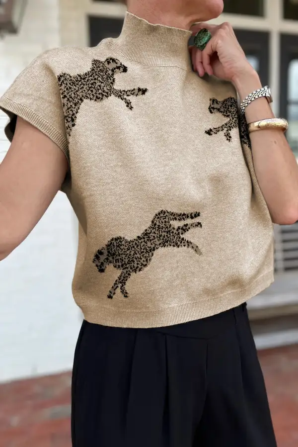 Lively Cheetah Pattern High Neck Short Sleeve Sweater