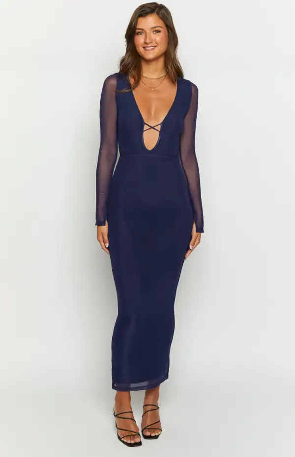 Monni Navy Long Sleeve Maxi Dress