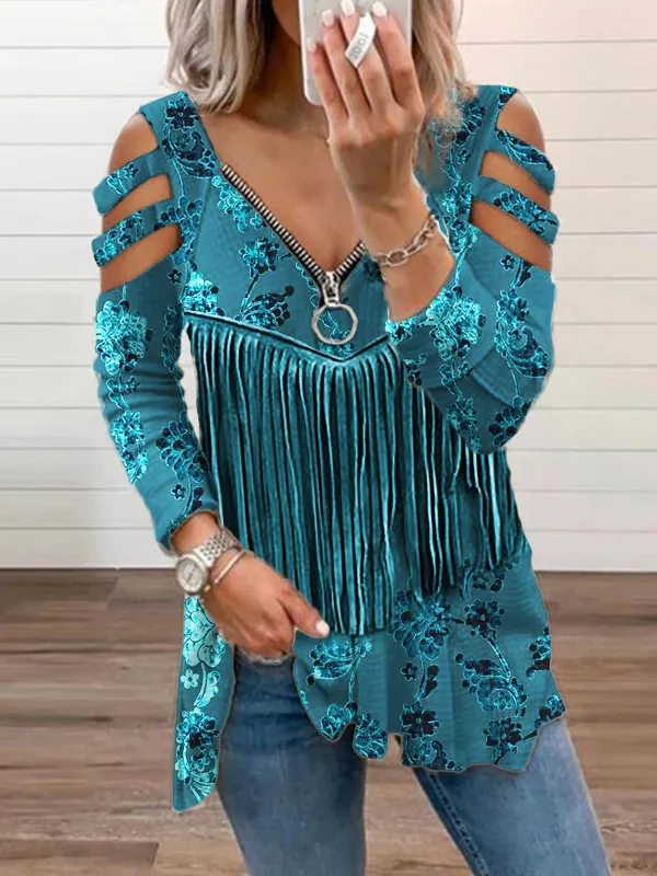 Turquoise Floral Velvet Fringe Hollow Shoulder T Shirt