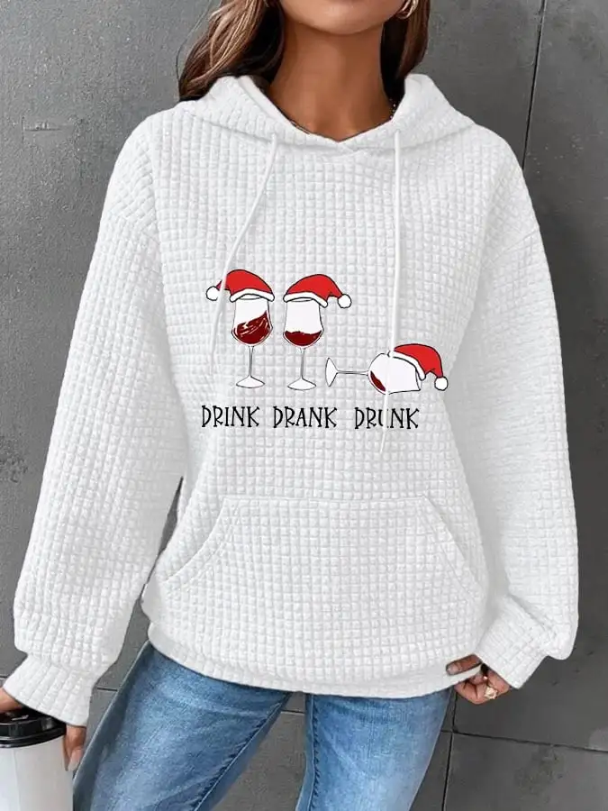 Women's Funny Christmas Drink Drank Drunk Red Wine Glass Casual Waffle Hoodie