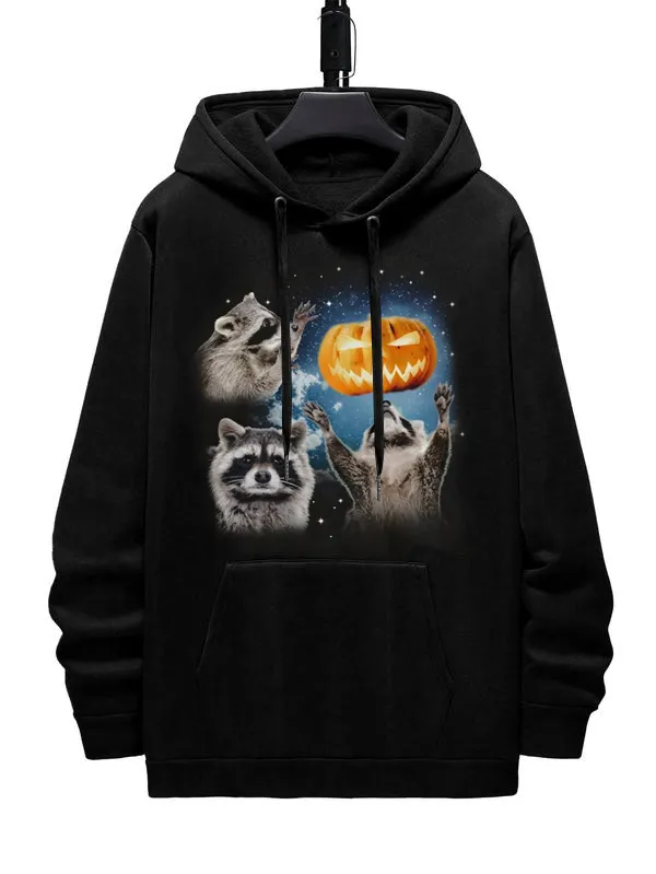 Three Raccoons Roaring at Pumpkin Fun Graphic Pocket Hoodie