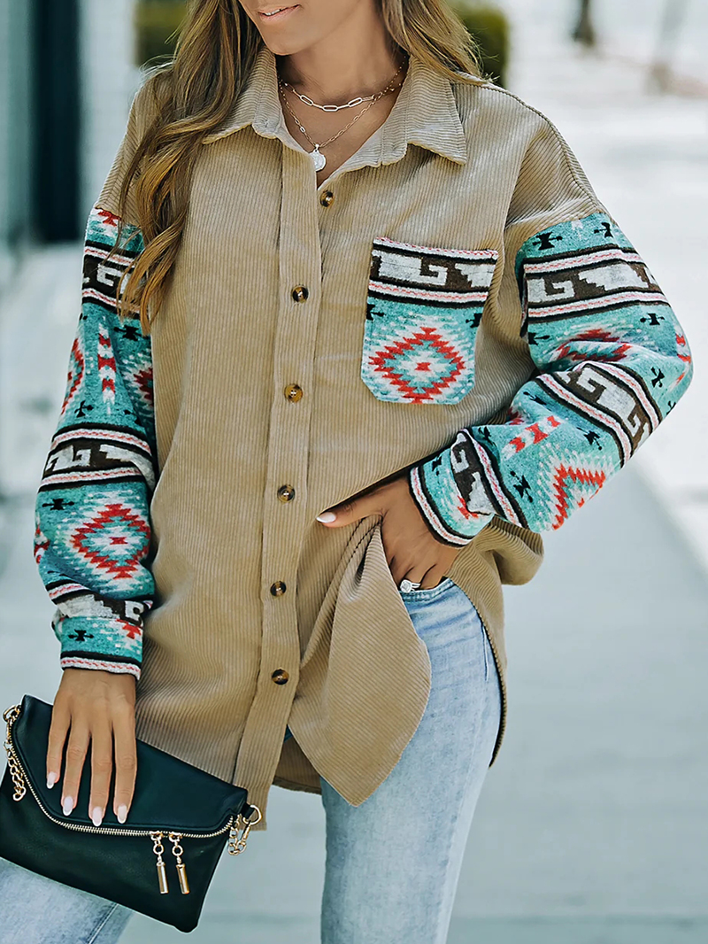 Casual retro printed patchwork corduroy jacket