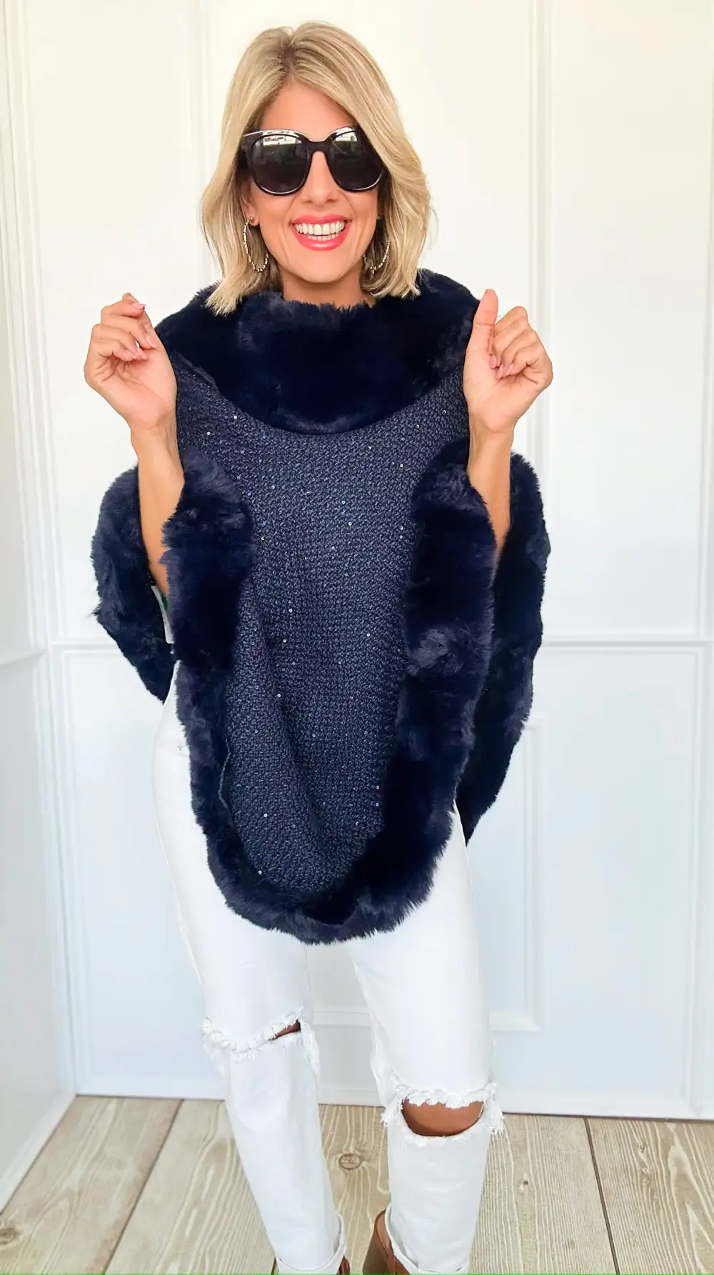 Midnight Glam Faux Fur Poncho - Navy