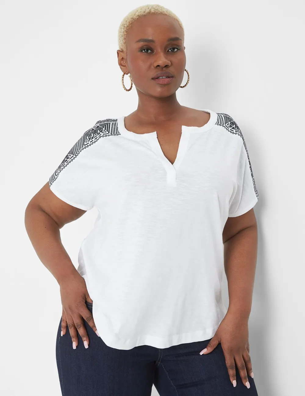 Notch-Neck Embroidered-Shoulder Tee