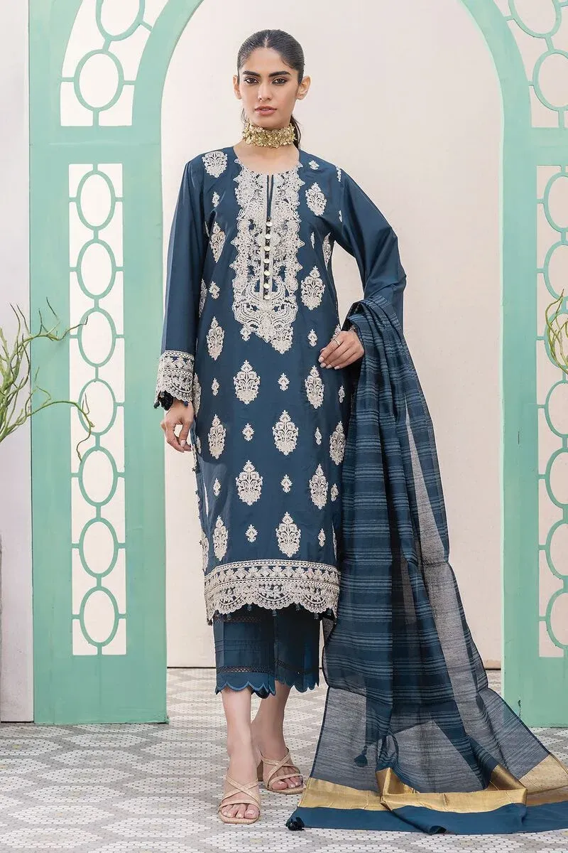 3 Piece Kurta Embroidered | Dupatta& Bottom & Tops | Color Navy blue