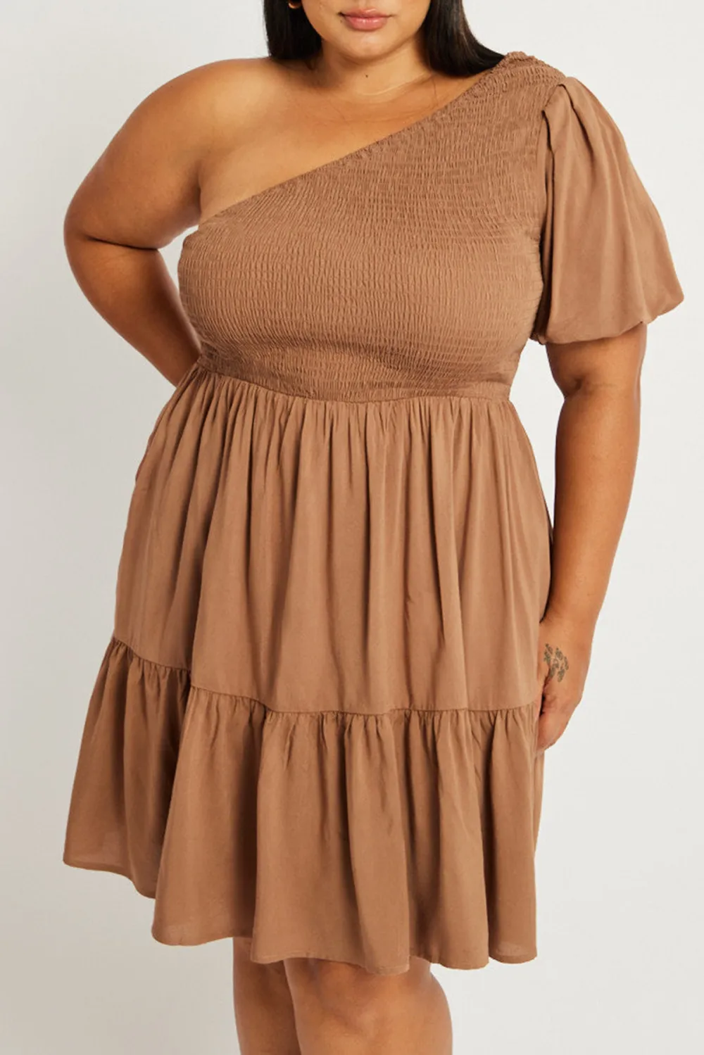 Brown One Shoulder Dress Shirred Bodice Pockets