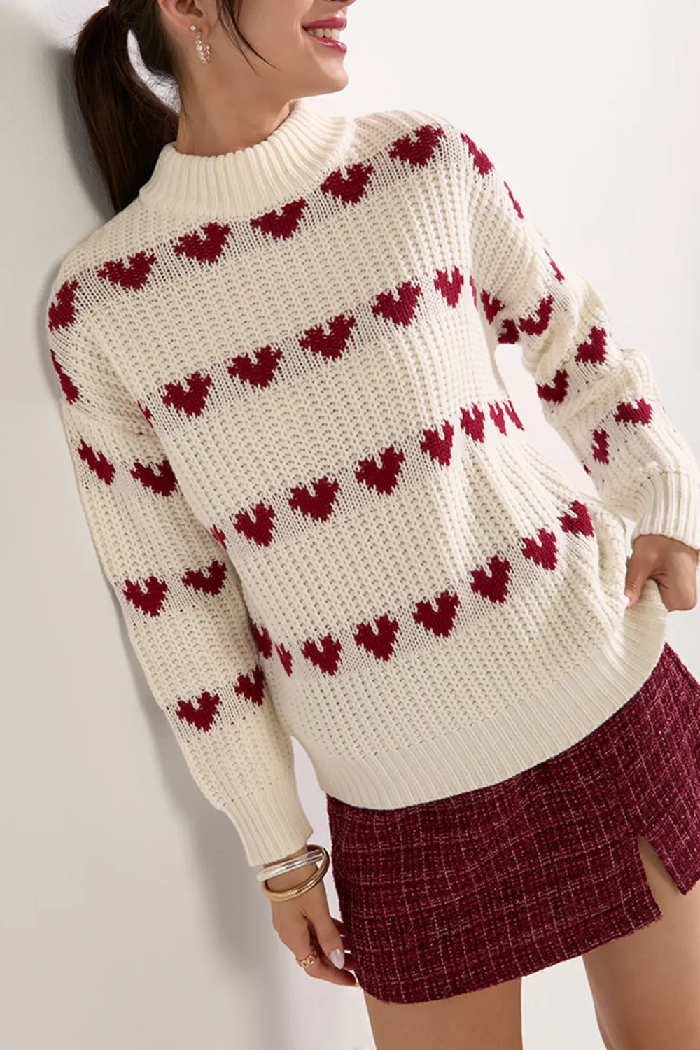 Gina Heart Striped Mock Neck Pullover Sweater