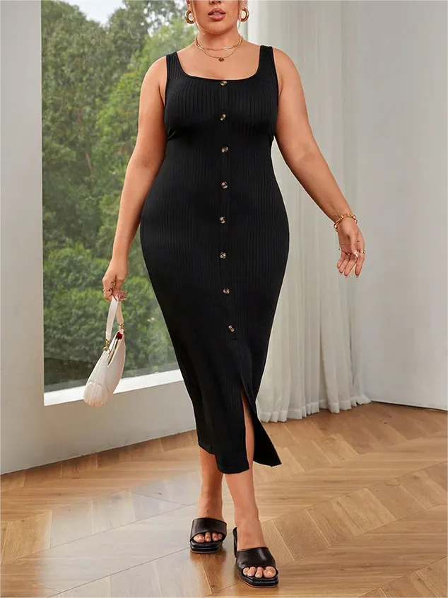 Plus Size Solid Square Neck Button Front Slit Bodycon Dress